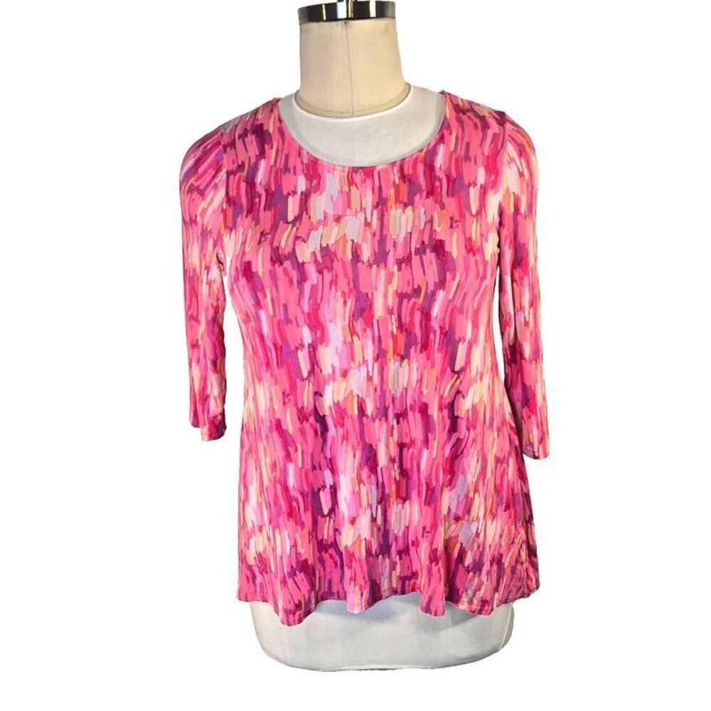 KC Khaki's and Co. Women's 1X Tunic Top 3/4 Slevve Stretch Pink Purple Abstract